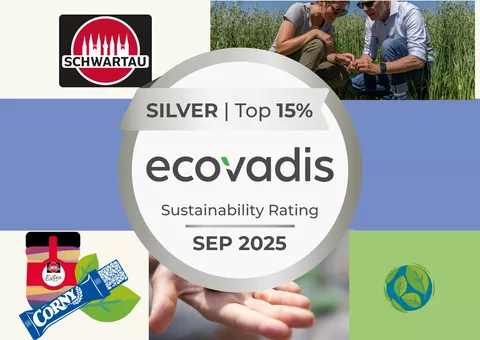 Grafik zur EcoVadis-Nachhaltigkeitsbewertung von Schwartau mit Silber-Auszeichnung (Top 15 %) im September 2025. Enthält das Schwartau-Logo, ein Foto von zwei Personen auf einem Haferfeld, eine Illustration eines Marmeladenglases und eines Corny-Riegels sowie ein Globus-Symbol mit Blättern.