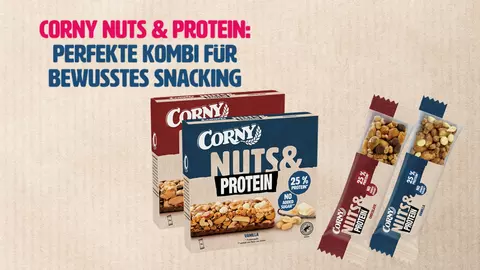 Auf dem Bild sind die neuen Corny NUTS & PROTEIN Riegel in den Sorten Corny Nuts & Protein Chocolate und Corny Nuts & Protein Vanilla zu sehen. Sowohl als Einzelriegel als auch in einer Faltschachtel. Die Sorte Vanilla hat eine beig, dunkelblaue Verpackung. Die Sorte Chocolate ein beige, dunkelrote Verpackung.