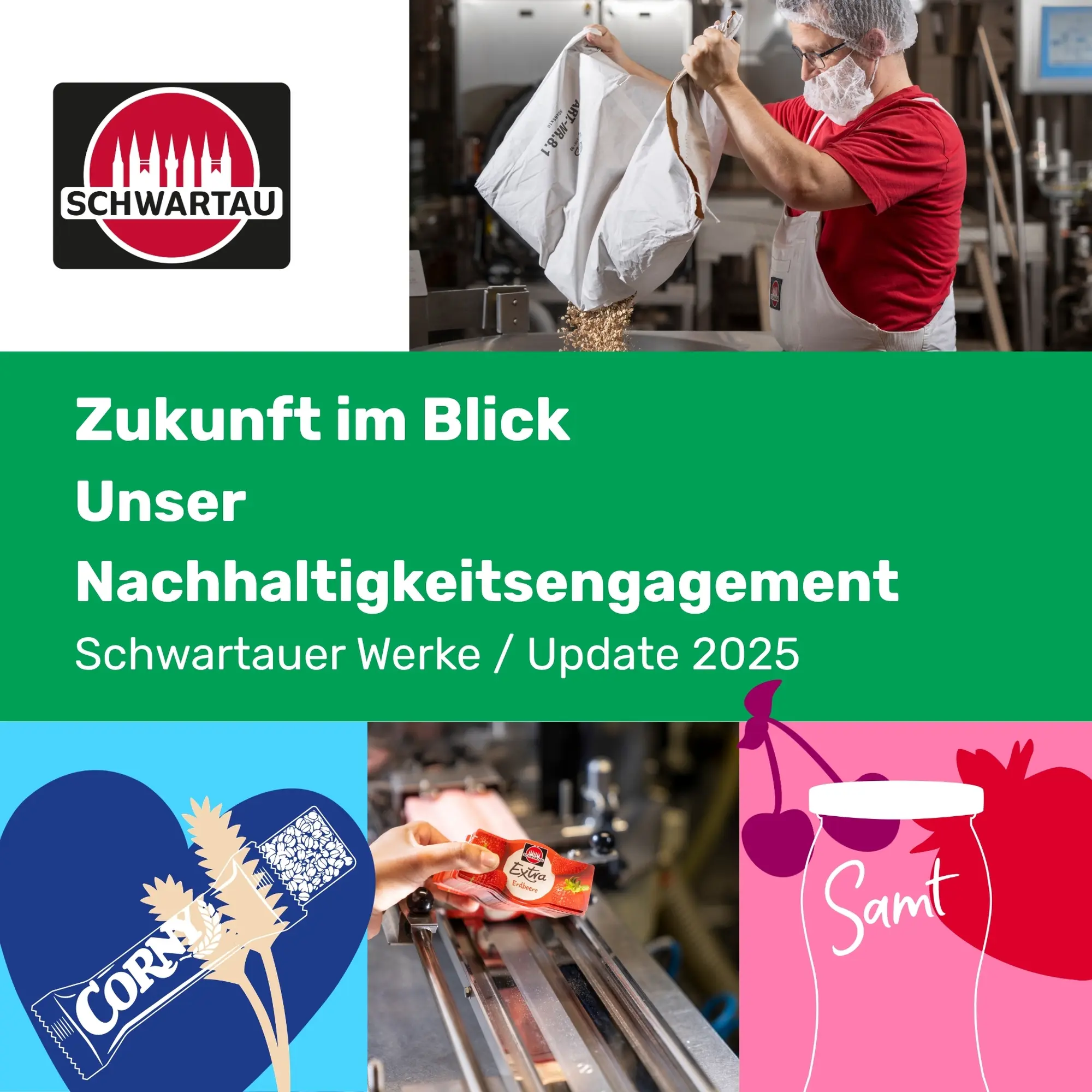 Im oberen Bereich sind das Schwartau-Logo sowie eine Produktionsszene zu sehen, in der eine Person in Schutzkleidung Zutaten in eine Anlage füllt. Auf grünem Hintergrund steht der Titel „Zukunft im Blick – Unser Nachhaltigkeitsengagement. Schwartauer Werke / Update 2025“. Im unteren Bereich zeigen drei Motive die Markenwelt des Unternehmens: eine grafische Darstellung eines CORNY-Riegels mit Getreideähre, eine Produktionsszene mit einer Schwartau-Extra-Portionspackung auf einem Förderband sowie eine Illustration eines Schwartau-Samt-Glases mit Früchten