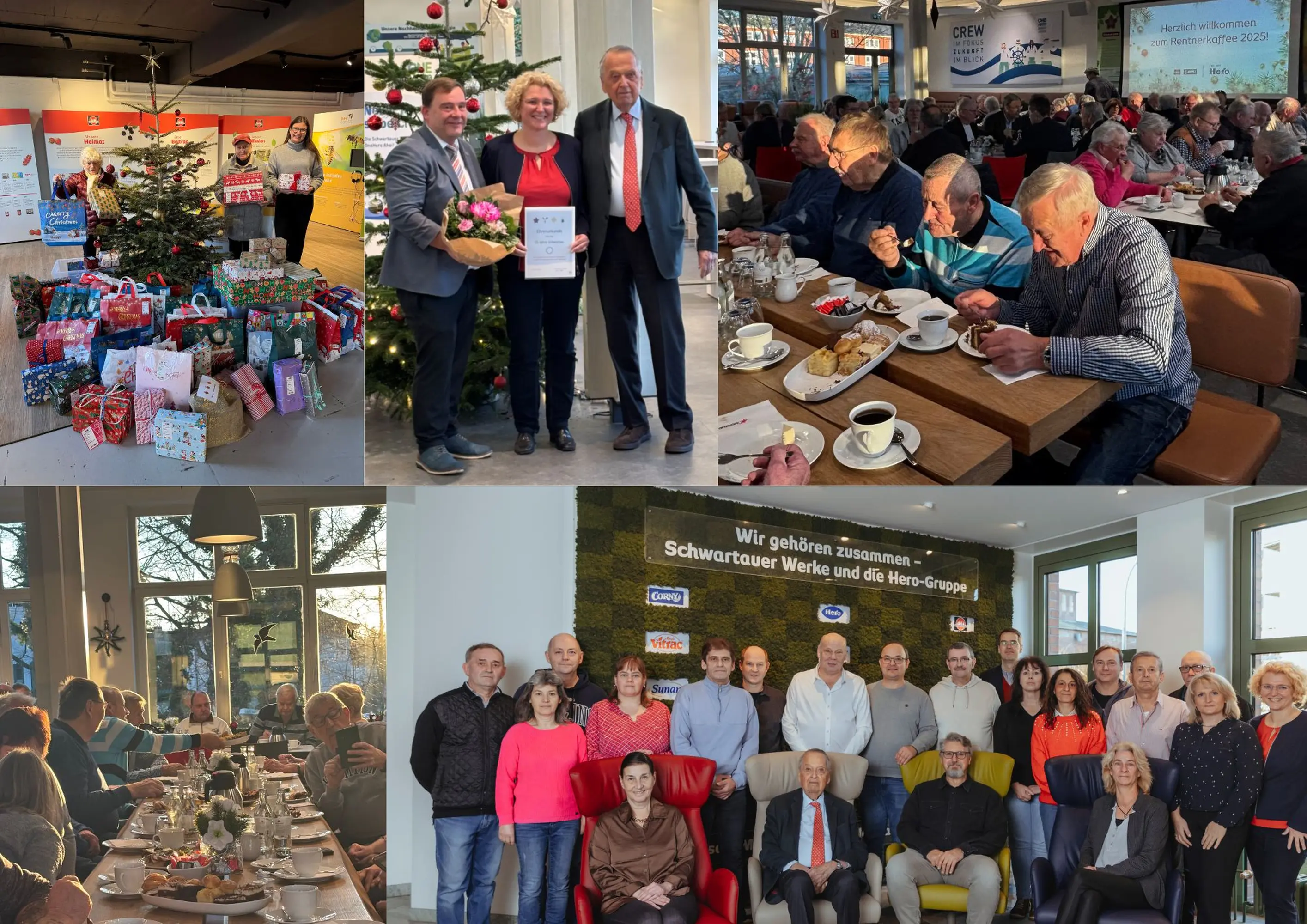 Bildcollage aus der Weihnachtszeit bei den Schwartauer Werken: links Geschenke der Wunschbaumaktion vor einem geschmückten Weihnachtsbaum, in der Mitte eine Jubilarin mit Urkunde, Blumenstrauß sowie Dr. Arend Oetker und Carsten Dyck (stv. Bürgermeister), rechts und unten Eindrücke vom Rentner-Weihnachtskaffee mit vielen ehemaligen Mitarbeiter*innen bei Kaffee und Kuchen sowie ein Gruppenfoto von den Jubilar*innen und Dr. Arend Oetker